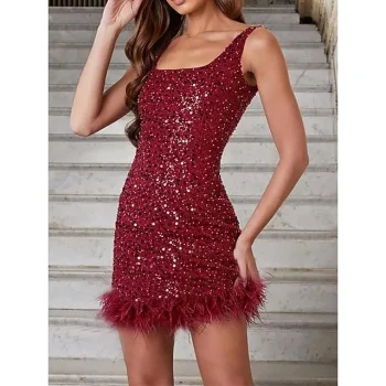 Women's Sequin Dress Party Dress Feather Dress Mini Dress Wine Sleeveless Plain Sequins Summer Spring Fall Square Neck Party Wedding Guest Birthday Vacation S M L XL
