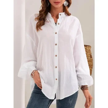 Linen Shirt Shirt Blouse Women's White Yellow Pink Solid Color Button Street Daily Fashion Standing Collar Cotton Linen Regular Fit S