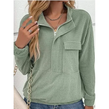 Women's Green Plain Pocket Quarter Zip Casual Sports Active Sportswear V Neck Regular Fit S