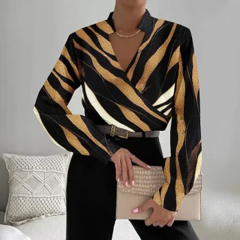 Women's Shirt Blouse Striped Work Yellow Pink Blue Print Long Sleeve Fashion V Neck Regular Fit Spring & Fall