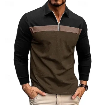 Men's Quarter Zip Polo Golf Shirt Daily Holiday Quarter Zip Long Sleeve Fashion Modern Color Block Patchwork Spring & Fall Regular Fit White Wine Royal Blue Dark Grey Army Green Gray Quarter Zip Polo