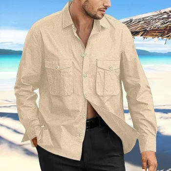 Men's Linen Shirt Shirt Button Up Shirt Beach Shirt Black Navy Blue Blue Long Sleeve Plain Lapel Spring & Summer Daily Hawaiian Clothing Apparel Pocket