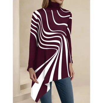 Women's Shirt Blouse Graphic Casual Black Red Blue Print Asymmetric Hem Long Sleeve Fashion High Neck Regular Fit Spring & Fall