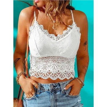 Tank Women's White Plain Lace Cropped Street Daily Fashion Spaghetti Strap Regular Fit S