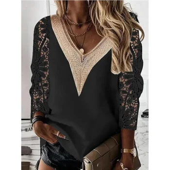 Shirt Blouse Women's Black White Yellow Plain Lace Street Daily Fashion V Neck Regular Fit S