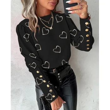 Women's Blouse Heart Casual Raglan Sleeves Black White Pink Print Button Long Sleeve Elegant Round Neck Form Fit Spring & Summer