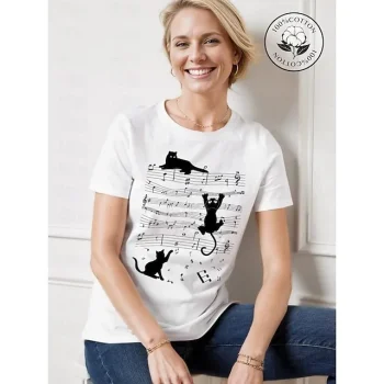 100% Cotton Cat Daily Weekend White Print Short Sleeve T shirt