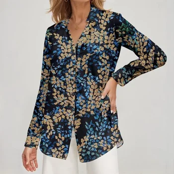 Women's Shirt Blouse Leaf Casual Pink Blue Khaki Print Button Long Sleeve Fashion V Neck Regular Fit Spring & Fall