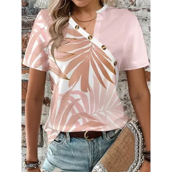 Women's T shirt Tee Floral Daily Weekend White Pink Blue Button Print Short Sleeve Fashion Diagonal Neck Regular Fit Summer