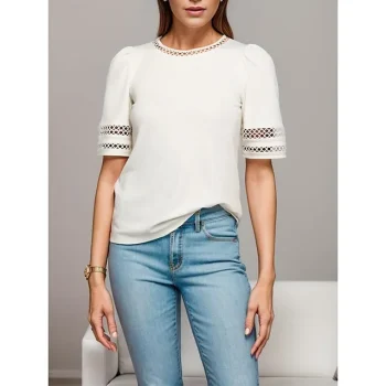 Women's White Lace Tops Plain Eyelet Hollow Casual Round Neck T-Shirts Fashion Puff Sleeve Modern Regular Fit Summer