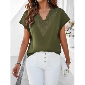 Shirt Blouse Women's Black Pink Army Green Solid Color Lace Street Daily Fashion V Neck S