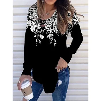 Women's T shirt Tee Floral Plaid Casual Black Red Blue Print Long Sleeve Fashion V Neck Regular Fit Spring & Fall