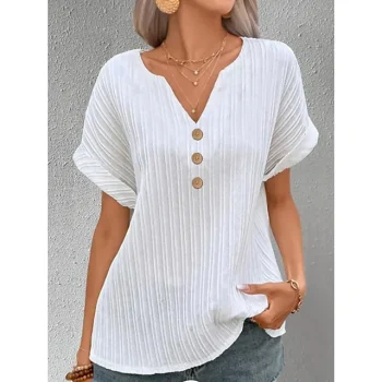 Shirt Blouse Women's White Plain Button Street Daily Fashion V Neck Regular Fit S