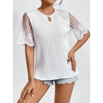 Shirt Blouse Women's White Plain Lace Street Daily Fashion Round Neck Regular Fit S
