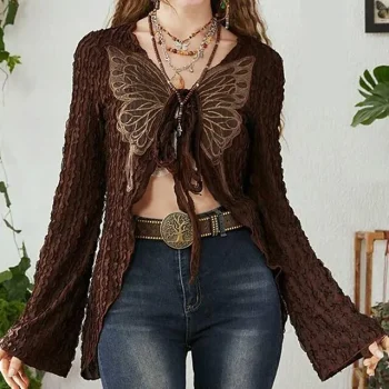 Shirt Blouse Women's Brown Butterfly Drawstring Street Daily Fashion V Neck S