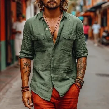 Men's Linen Shirt Shirt Button Up Shirt Casual Shirt Summer Shirt Army Green Long Sleeve Plain Lapel Spring & Summer Daily Vacation Clothing Apparel Front Pocket