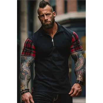 Men's Polo Shirt Zip Polo Outdoor Sports Quarter Zip Short Sleeve Fashion Modern Plaid Color Block Zipper Splice Summer Regular Fit Black Blue Polo Shirt