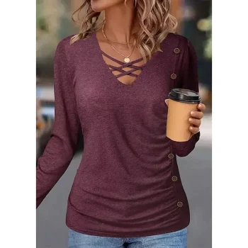 T shirt Tee Women's Wine Plain Button Daily Weekend Fashion V Neck Regular Fit S