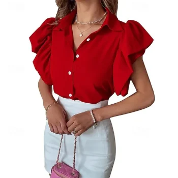 Shirt Blouse Women's Red Blue Fuchsia Solid Color Button Street Daily Fashion Shirt Collar S