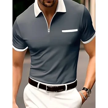 Men's Polo Shirt Zip Polo Outdoor Sports Lapel Quarter Zip Short Sleeve Fashion Modern Color Block Zipper Front Pocket Summer Regular Fit Gray Polo Shirt