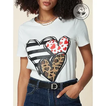 100% Cotton Heart Leopard Valentine's Day Women‘s Casual Daily T shirt Short Sleeve Crew Neck T shirt Outdoor