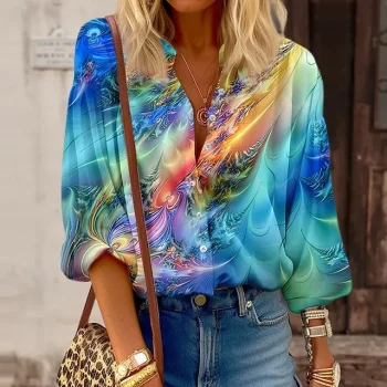 Women's Shirt Blouse Graphic Casual Blue Purple Button Print Long Sleeve Fashion Standing Collar Regular Fit Spring & Fall