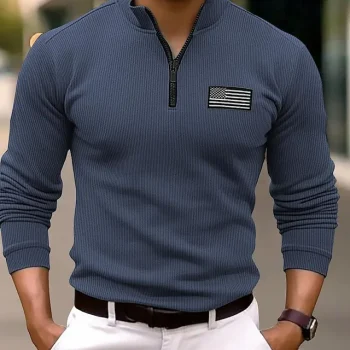 Men's Polo Shirt Quarter Zip Polo Work Daily Wear Lapel Long Sleeve Fashion Comfortable National Flag Knitted Zip Up Spring & Fall Regular Fit Navy Blue Brown Army Green Gray Polo Shirt