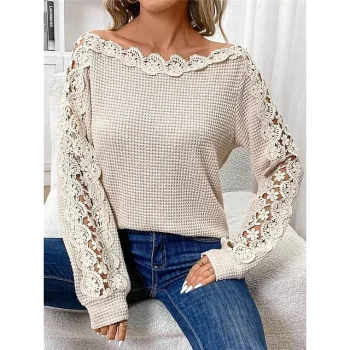 Women's Lace Shirt Shirt Blouse Eyelet top Waffle Plain Casual Khaki Lace Long Sleeve Fashion Modern Off Shoulder Regular Fit Summer Spring