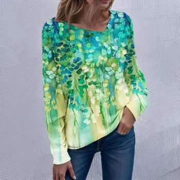 Women's T shirt Tee Floral Casual Holiday Pink Blue Green Print Long Sleeve Fashion V Neck Regular Fit Spring & Fall