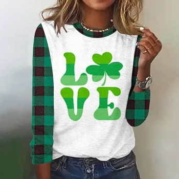 Women's T shirt Tee Shamrock Holiday Grass Green Light Green Army Green Print Long Sleeve Fashion Round Neck Regular Fit Spring & Fall