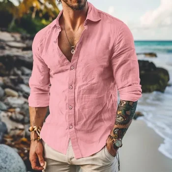 Men's Linen Shirt Shirt Button Up Shirt Casual Shirt Summer Shirt Black White Pink Long Sleeve Plain Lapel Spring & Summer Daily Vacation Clothing Apparel