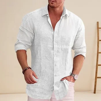 Men's Linen Shirt Shirt Button Up Shirt Summer Shirt Beach Shirt Black White Wine Long Sleeve Plain Lapel Spring & Fall Hawaiian Holiday Clothing Apparel