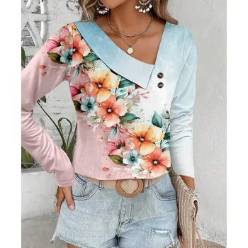 Women's Shirt Blouse Floral Casual Holiday Yellow Pink Blue Print Long Sleeve Fashion V Neck Regular Fit Spring & Fall