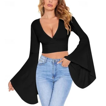 Crop Women's Black Plain Cropped Street Daily Fashion V Neck Regular Fit S