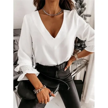 Shirt Blouse Women's Black White Solid Color Lace Open Back Street Daily Fashion V Neck S