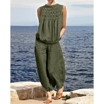 Set Women's Green Solid / Plain Color Basic Daily Daily Round Neck Loose Fit S