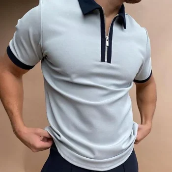 Men's Polo Shirt Golf Shirt Vacation Casual Daily Lapel Quarter Zip Short Sleeve Fashion Comfortable Plain Quarter Zip Summer Regular Fit Light Blue White Polo Shirt
