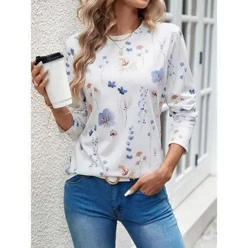 Women's T shirt Tee Floral Daily Weekend White Pink Green Print Long Sleeve Fashion Crew Neck Regular Fit Spring