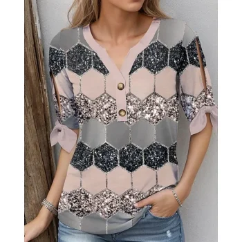Women's T shirt Tee Henley Shirt Geometric Color Block Daily Weekend Pink Blue Purple Print Button Cut Out Short Sleeve Fashion V Neck Regular Fit Spring & Summer