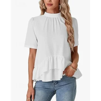 Shirt Blouse Women's Black White Red Solid Color Ruffle Street Daily Fashion Round Neck S