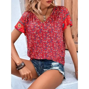 Women's Shirt Blouse Floral Casual Holiday White Red Button Print Short Sleeve Fashion Boho V Neck Regular Fit Summer