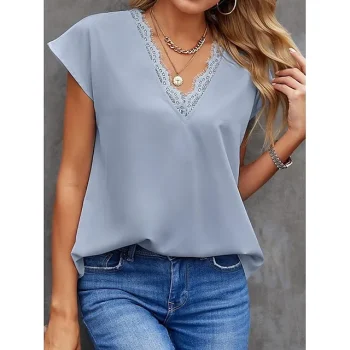 Shirt Blouse Women's Black Blue Beige Solid Color Lace Trims Street Daily Fashion V Neck S