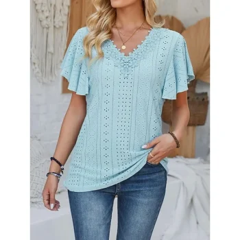 Shirt Blouse Women's Black White Pink Plain Lace Ruffle Street Daily Fashion V Neck Regular Fit S