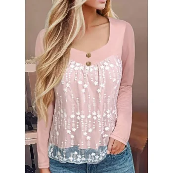 Shirt Blouse Women's Pink Plain Lace Patchwork Button Casual Fashion V Neck Regular Fit S