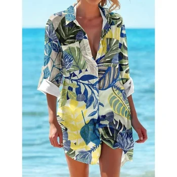 Hawaiian Shirt Women's Shirt Blouse Leaf Hawaiian Casual Holiday Beach Blue Brown Green Button Print Long Sleeve Fashion Shirt Collar Regular Fit Spring & Fall