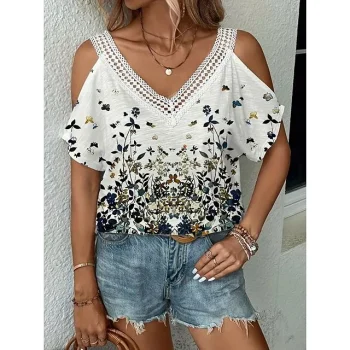 Women's T shirt Tee Flower Casual Daily Cold Shoulder Yellow Light Green Blue Print Short Sleeve Print Round Neck V Neck Regular Fit Spring & Summer