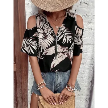 Women's Shirt Blouse Leaves Casual Holiday Black Cut Out Print Quarter Zip Short Sleeve Fashion Streetwear V Neck Regular Fit Summer