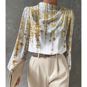 Women's Shirt Blouse Floral Work Yellow Red Blue Print Long Sleeve Fashion Round Neck Regular Fit Spring & Fall