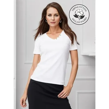 Women's Shirt Blouse 100% Cotton Plain Casual White Blue Green Button Short Sleeve Basic Classic V Neck Regular Fit Summer