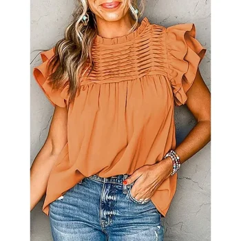 Shirt Blouse Women's Orange Solid Color Ruched Ruffle Street Daily Fashion Round Neck S